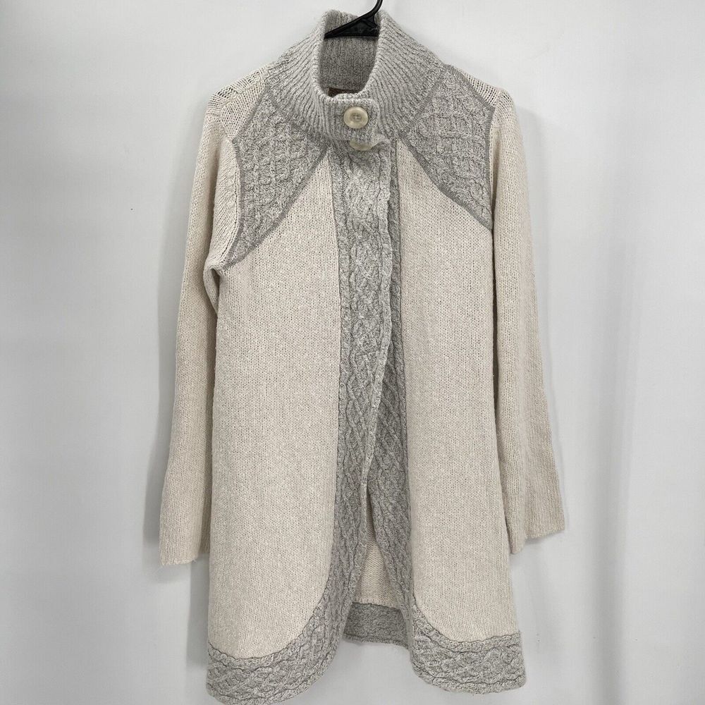 Prana Medium Cardigan Sweater Womens Cream Grey Cable Knit Mock Neck Longline